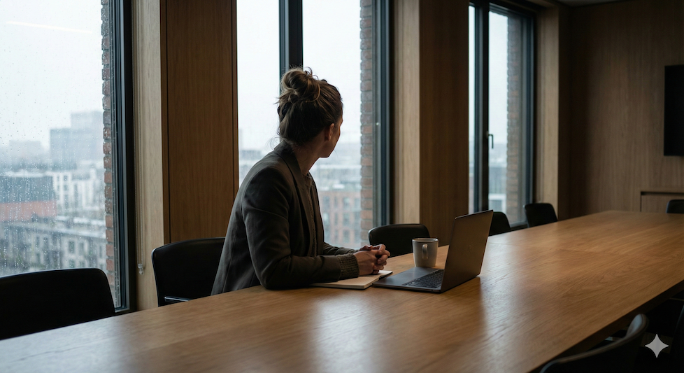 Woman Sitting Alone at Large Meeting Table