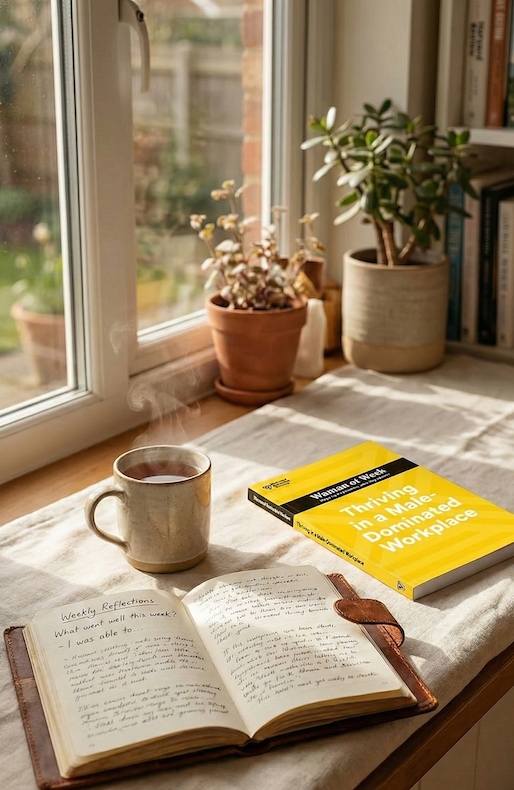 A warm windowsill in a home office. Steaming mug of tea sits beside an open leather-bound notebook with bullet points: “What went well?”