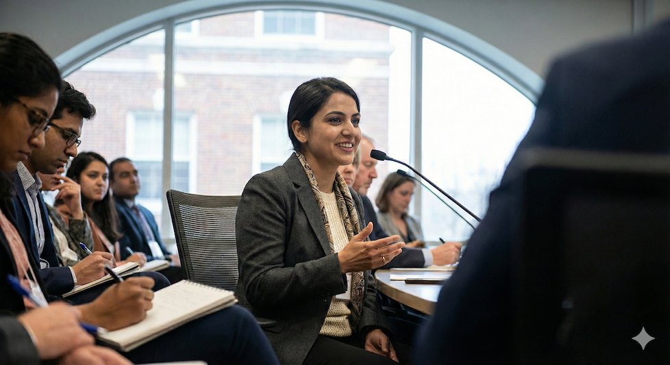 A professional woman speaking calmly during a panel discussion — mid-gesture, smiling gently, eyes engaged with the audience.